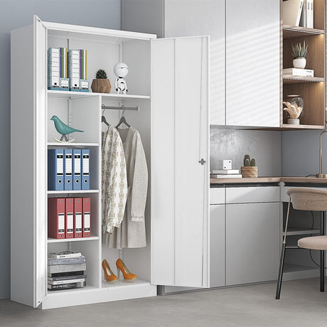 Yizosh Metal Armoire Wardrobe Closet Cabinet for Hanging Clothes with Lock Doors, -72" Steel Lockable Wardrobe Storage Locker Clothes Organizer for Bedroom, Laundry Room (White) Yizosh