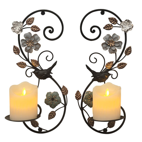 Birminwind Farmhouse Wall Candle Sconces Set of 2 - Distressed Candle Holder Wall Mounted for Pillar - Vintage Metal Decor with Flower Leaves for Hallway Fireplace Bedroom Living Room Birminwind