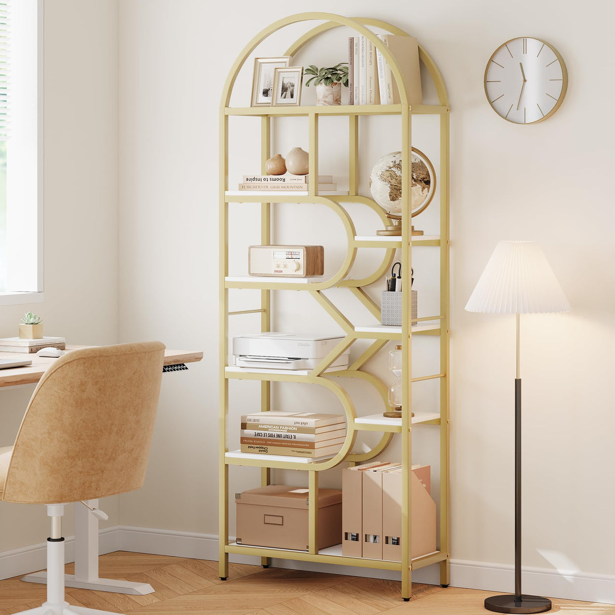 CABIHOME Bookshelf 6-Tier Arched, 82" Tall Modern Bookcase with Geometric Metal Frame, Gold and White Large Open Storage Shelf for Living Room, Home, Office CABIHOME