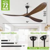 72 Inch Ceiling Fans without Lights, Wood Large Ceiling Fan no Light and Remote Control, Modern Indoor Outdoor Ceiling Fan no Light 3 Blade Propeller for Patios Farmhouse Garage High cfm, Dark Walnut Haipeel