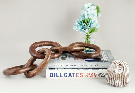 Eximious India Wood Chain Link Decor Hand Carved 5-Link Wood Knot Decorative Chain, Rustic Wood Link Decorative Object Large Wooden Chain for Home Living Room Coffee Table Farmhouse Walnut Eximious India