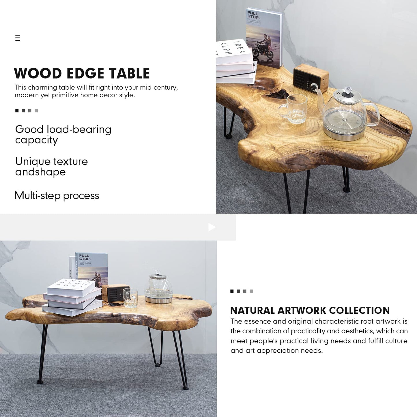 BTEOBFY Natural Wood Edge Contemporary Coffee Cocktail Table, Live Edge Coffee Table,Living Room Coffee Table with Clear Lacquer Finish and Metal Hairpin Legs,Unique Desktop - WoodArtSupply