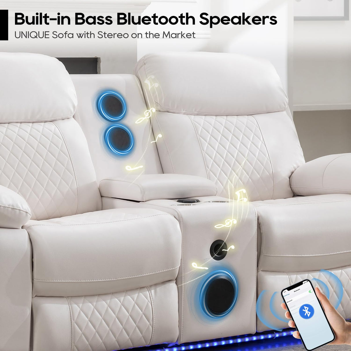 Power Recliner Sofa Set of 3 Piece with Bass Speakers for Living Room,Faux Leather Electric Zero Gravity 3 Seater Reclining Couch with Wireless Charger and Loveseat Theater Chair with LED Lights,White Comfort Stretch