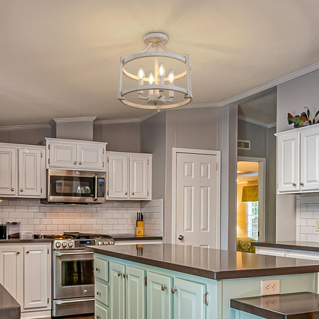 WBinDX 4-Light Farmhouse Chandelier, Distressed Hanging Pendant Lighting, Convertible Semi Flush Mount Ceiling Light Fixture Vintage White Metal Chandeliers for Dining Room Kitchen Foyer Entryway WBinDX