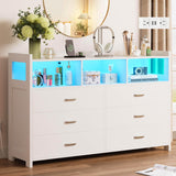 White Dresser for Bedroom with 6 Drawers, LED Dressers & Chests of Drawers with Power Strip, Modern Dressers Wide Storage for Bedroom Closet Whalefall