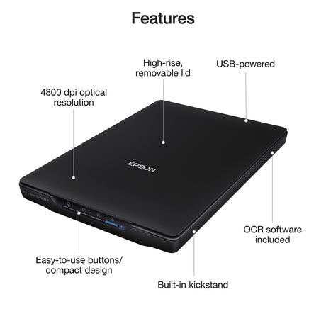 Epson - Perfection V39 II - Color Photo and Document Flatbed Scanner - 4800 dpi Optical Resolution - High-Rise, Removable Lid - Scan to Cloud - USB Power - Image Scanning - Black Epson
