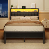 Furnulem Full Size Bed Frame with Charging Station and LED Lights, Platform Bed with Metal Slats, Grey Upholstered Headboard with 2-Tier Storage Shelves, No Box Spring Needed Furnulem