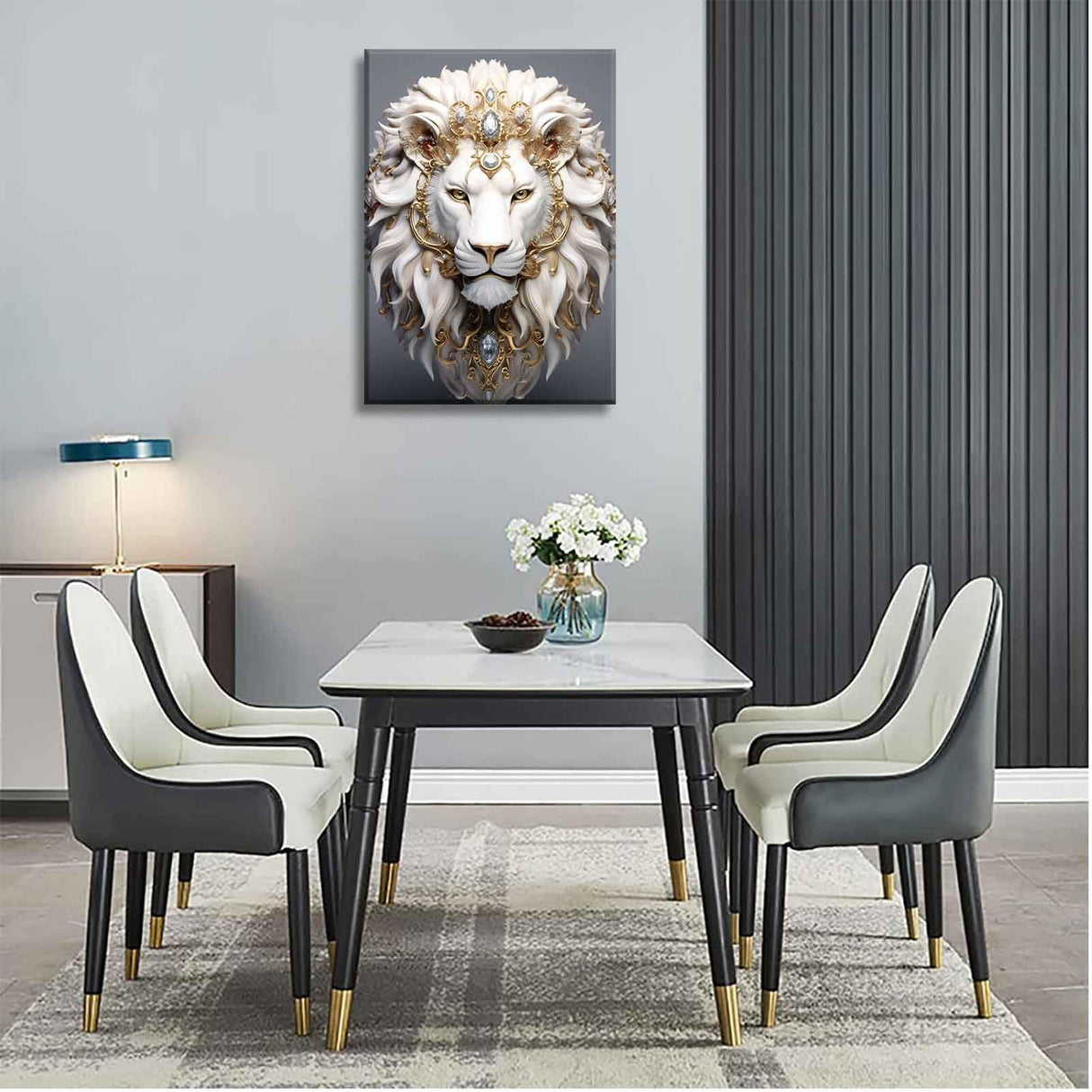 White Lion Canvas Wall Art Wild Animal Portraits Avatar Pictures Painting Decor Modern Large Gold Diamond Beast Posters Prints for Dining Living Room Bedroom Home Decoration Cremooy