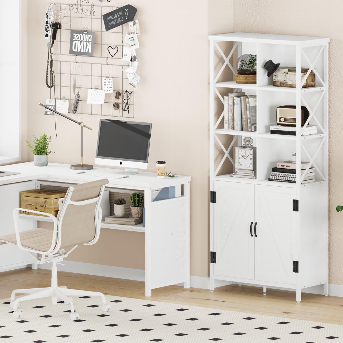 FATORRI Tall Bookcase with Doors - Modern White Oak Metal Shelf & Cabinet Storage FATORRI