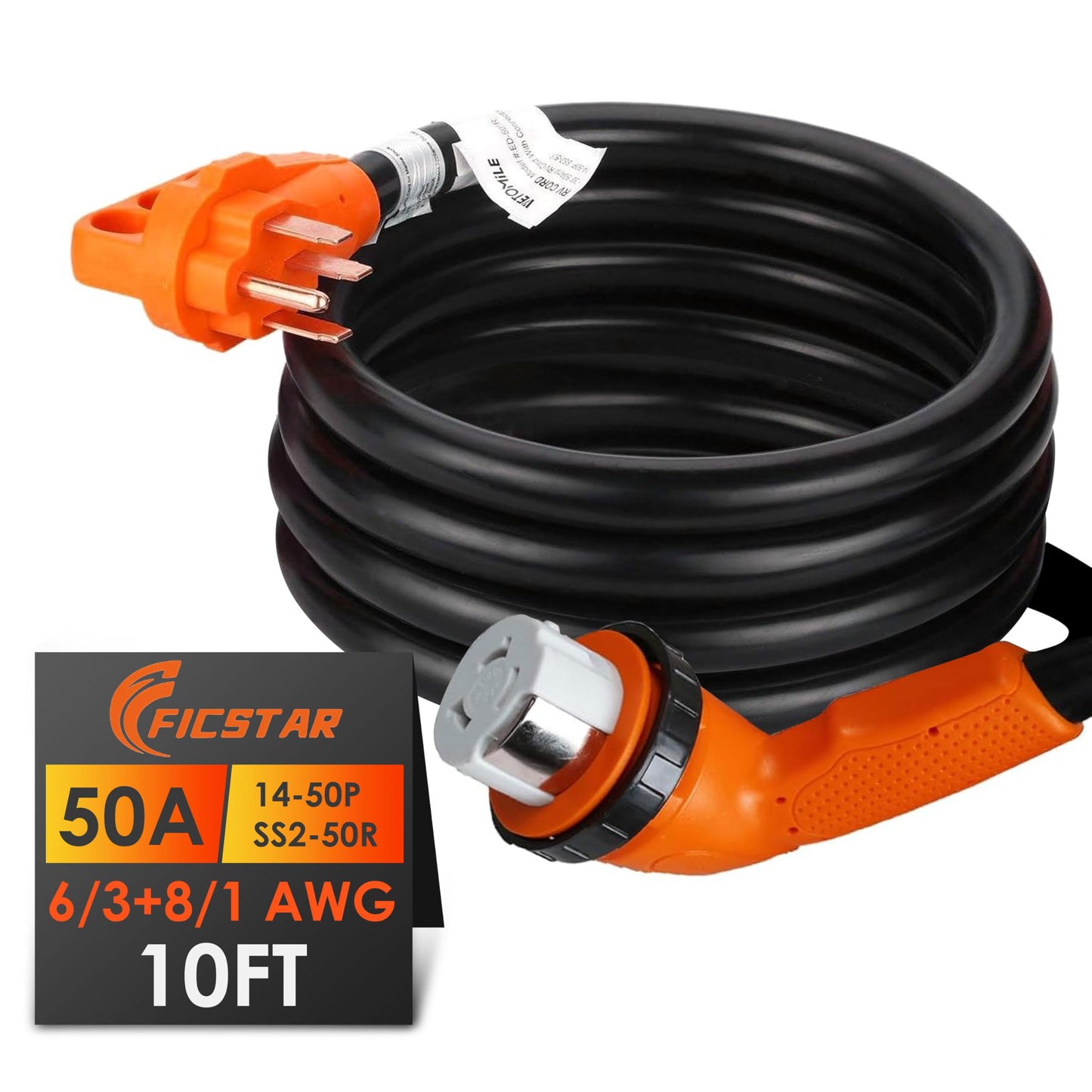 Ficstar 50 Amp RV Extension Cord 10 ft, Heavy Duty 6/3+8/1 SJTW AWG RV Power Cord with Grip Handle Twist Lock, NEMA 14-50P to SS2-50R with Polarity Lamp - WoodArtSupply