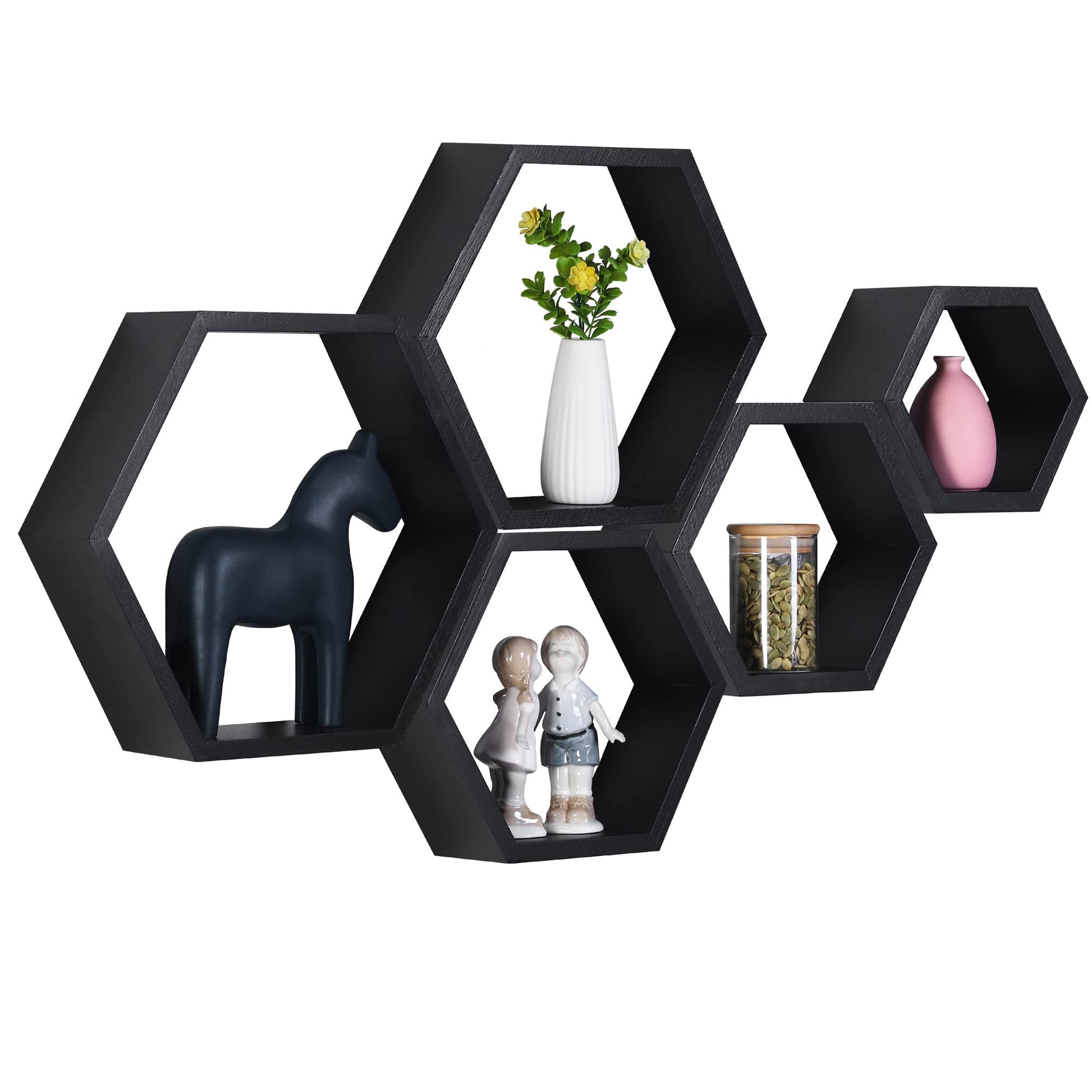 PHOENANCEE Hexagon Floating Shelves,Wall Mounted Wood Farmhouse Storage Honeycomb Wall Shelf Set of 5,for Bathroom, Kitchen, Bedroom, Living Room,Office,Home Room Wall Decor Driftwood Finish - WoodArtSupply