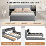 Luxury Queen Bed Frame,Queen Size Trundle Bed Frame with 2 Storage Drawers,Reading Lights, Storage Headboard,Storages Rack,Queen Size Linen Upholstered Platform Bed for Bedroom (Gray, Queen) Firscook