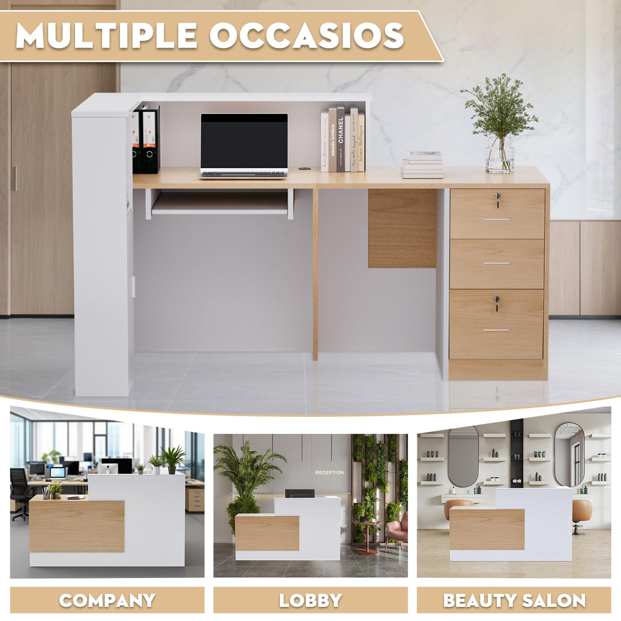 Easilywinlife 70.87IN Modern Wooden Commercial L Shaped Reception Desk with Counter, Lockable Drawers, Door Cabinet, Front Desk for Checkout, Lobby, Beauty Salon, Plain Wood Color, Right Cabinet Easilywinlife
