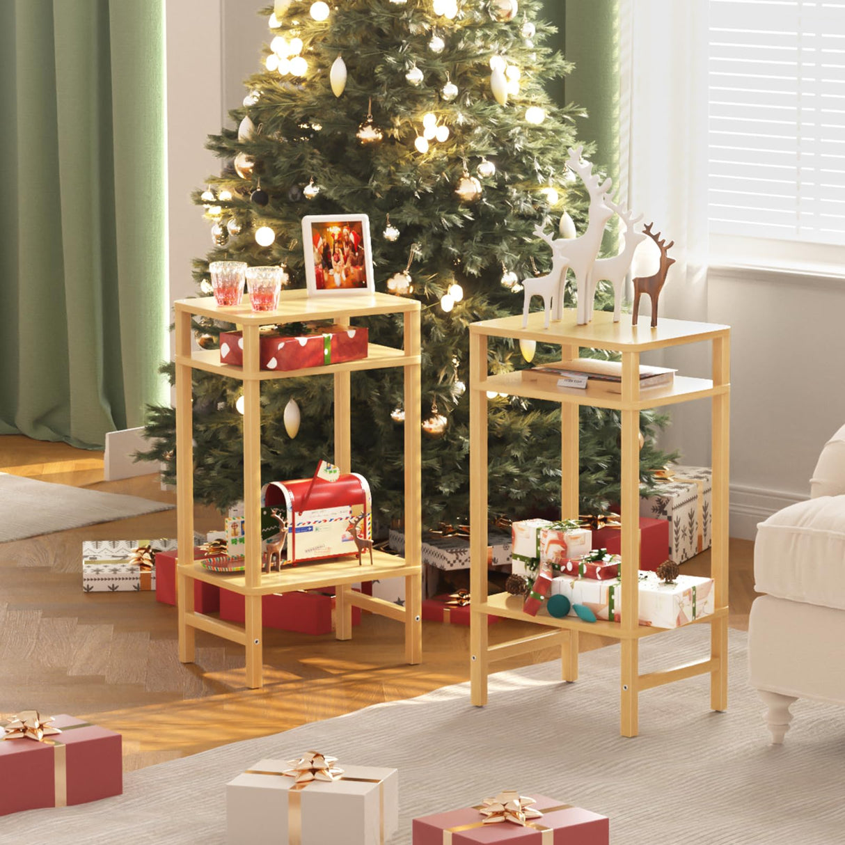 YUFAM 28in Tall Bamboo Side Table 3-Tier Small Narrow End Table, Skinny Nightstand for Small Space, Farmhouse Slim Night Stand with Storage for Couch, Wooden Thin Bedside Table, Natural YUFAM