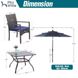PHI VILLA 5 Piece Outdoor Dining Set with Umbrella, 37" Square Metal Dining Table & Cushioned Rattan Chairs with 10ft Blue Umbrella for Patio, Deck, Yard, Porch PHI VILLA