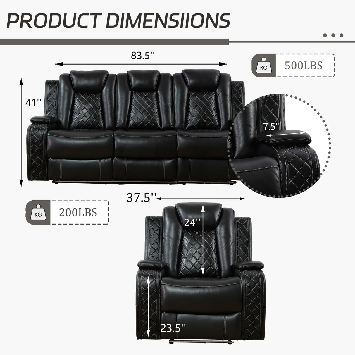 Plithzy Leather Power Recliner Sofa Set with LED, Leather Sofa Set with USB Charing&Reading Light, Living Room Furniture Set Reclining Sofa with Hidden Arm Storage (Sofa and Chair, Black) Plithzy