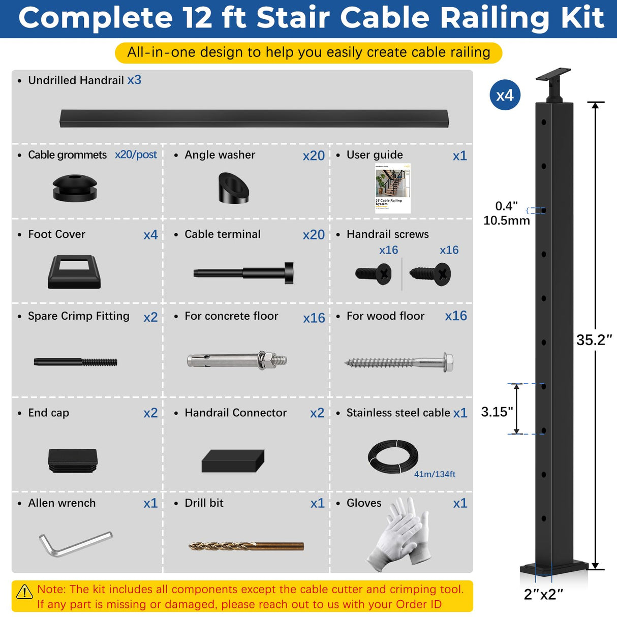 Zylorix 8ft-12ft Complete Set 36" Cable Railing System 33° Drilled, Black T304 Stainless Steel Angle Cable Railing Posts Kit with Adjustable Handrail Cable Rail for 25-35° Wood Concrete Stair Zylorix