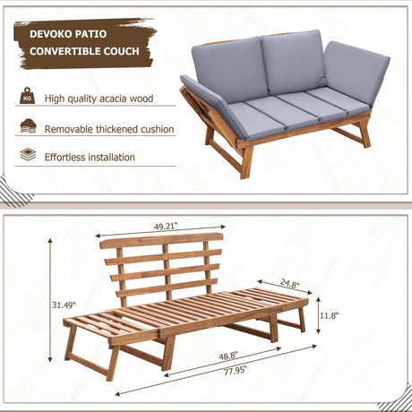 Devoko Outdoor Couch Acacia Wood Patio Couch with Adjustable Armrests,Outdoor Convertible Sofa with Removable Cushions&Pillows for Patio, Porch, Poolside(Grey) Devoko