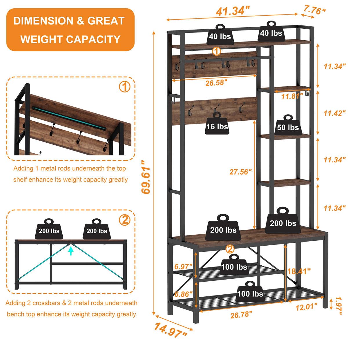 BON AUGURE Hall Tree with Shoe Storage, 5-in-1 Reversible Entryway Bench with Coat Hooks for Hallway, Rustic Wood and Metal Coat Rack with Shelves for Mudroom (Rustic Oak) - WoodArtSupply