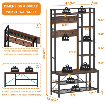 BON AUGURE Hall Tree with Shoe Storage, 5-in-1 Reversible Entryway Bench with Coat Hooks for Hallway, Rustic Wood and Metal Coat Rack with Shelves for Mudroom (Rustic Oak) - WoodArtSupply