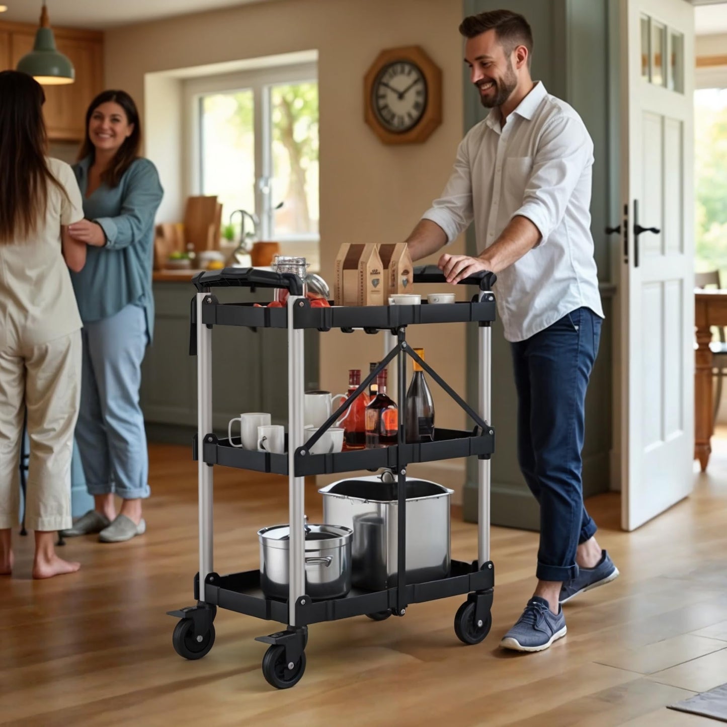 YITAHOME Folding Utility Service Cart, 350LBS 3 Tier Foldable Cart with Wheels Collapsible Cart on Wheels with 360°Swivel Wheels (2 with Brakes), Portable Cart for Home Garage Restaurant Office