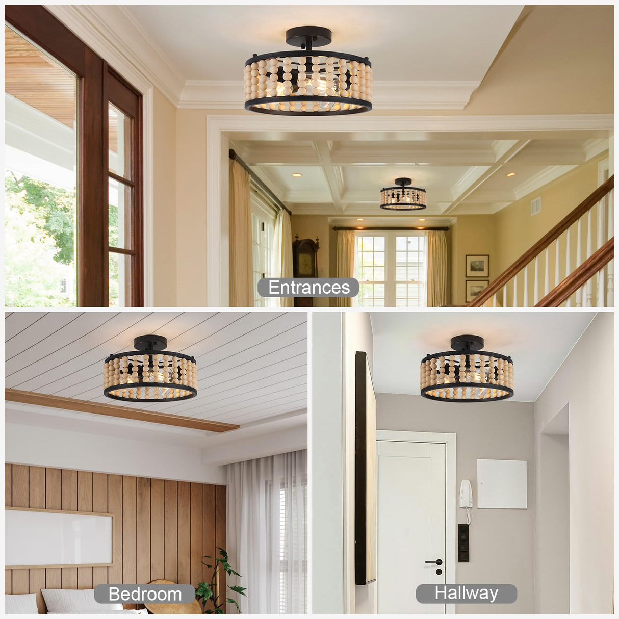 Luupyia Wood Bead Ceiling Light 3Lights, 12.79Inches Vintage Boho Ceiling Light Fixture Small Chandeliers Semi Flush Mount Mid Century Retro Overhead Lighting for Bedroom Foyer Hallway, E26 Luupyia