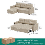 DWVO L-Shaped Sectional Sofa with USB & Chaise, 4-seat Fabric Convertible Couch Bed w/Pull Out Bed & Storage, Reversible Sleeper Sofa for Living Room, Beige DWVO