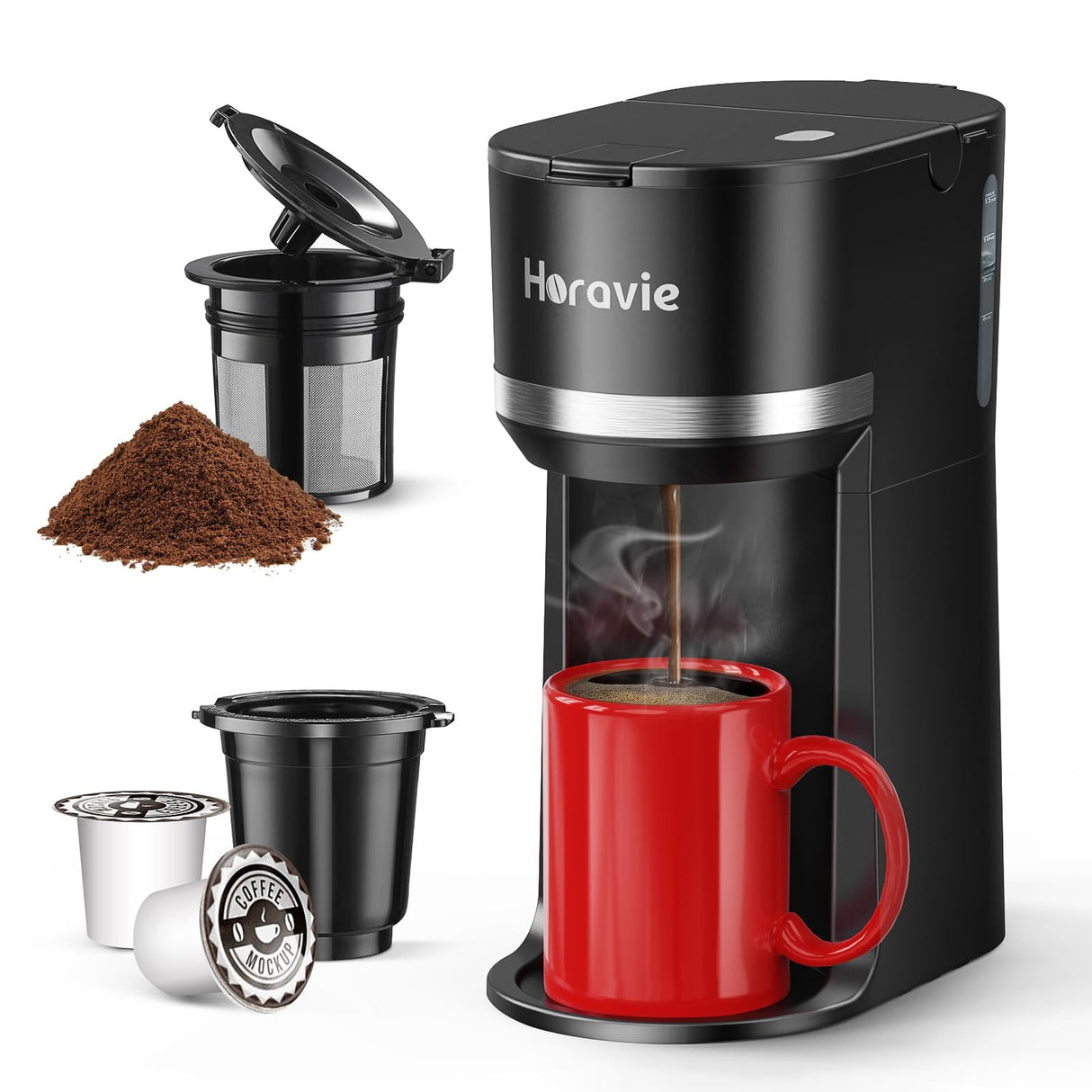 Horavie Mini Single Serve Coffee Maker for K Cup and Ground Coffee, Fast Brew One Cup Coffee Machine with Descaling Reminder and Water Window, 6 to 12 oz. Brew Sizes, Black Horavie
