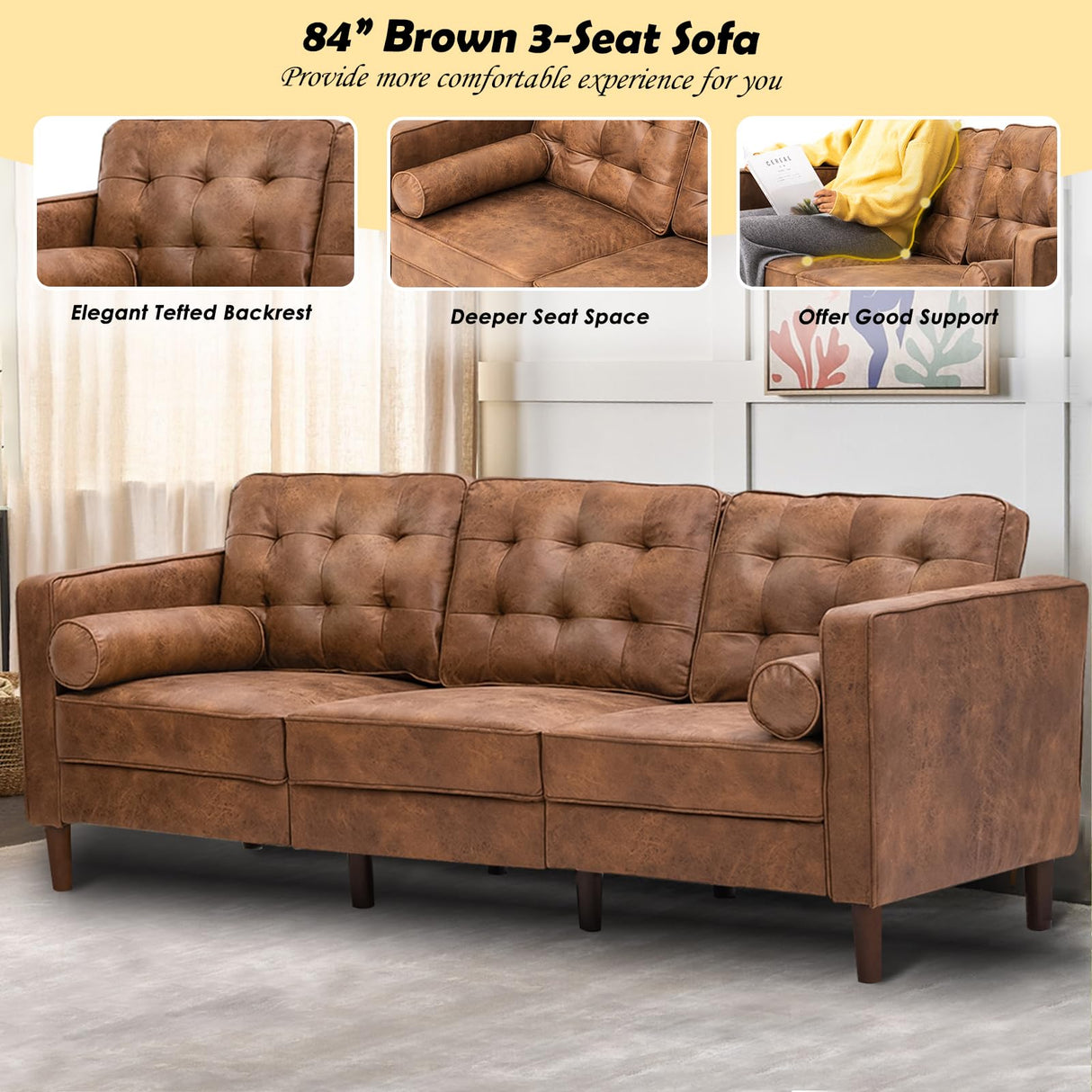 Lesofair 84" Suede Leather Sofa with 2 Soft Pillows, Tufted Modern Sofa with Sturdy Wooden Legs, 3 Seats Couch for Living Room, Office, Bedroom, Brown Lesofair