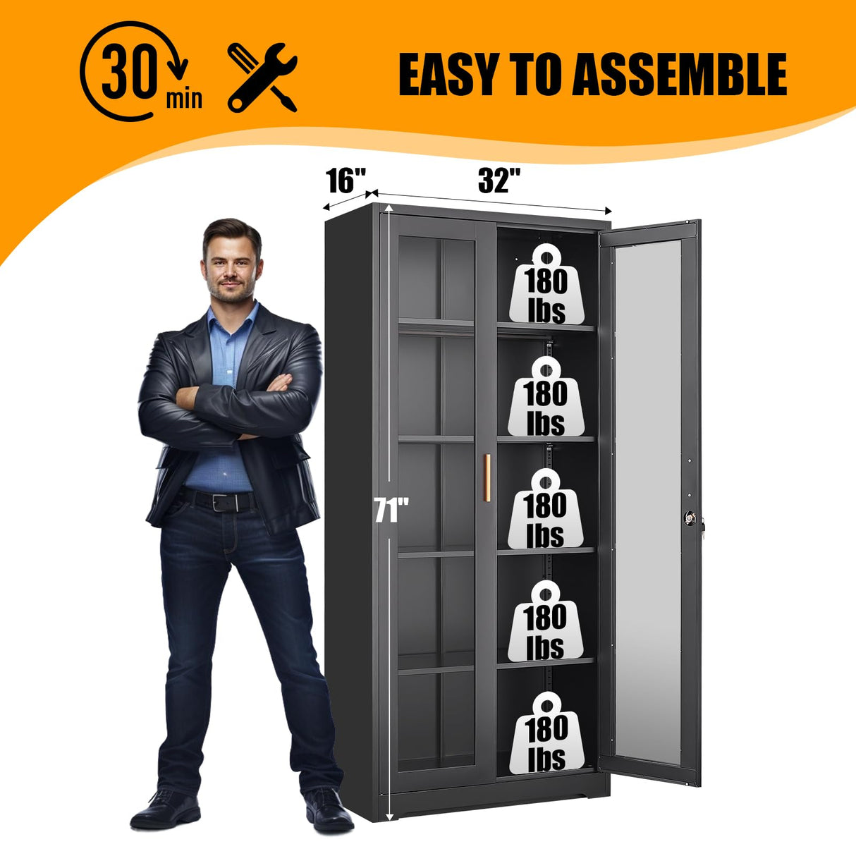 71" Tall Black Locking Cabinet, Metal Storage Cabinet with Glass Doors, Glass Display Cabinet, Curio Cabinet with 4 Adjustable Shelves, Cabinet for Home Office, Kitchen, Living Room- Assembly Required MetalMax