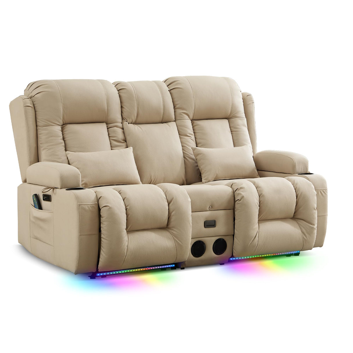 TUNYI Wall Hugger Power Loveseat Recliner - Reclining Loveseat with Console Theater Seating RV Recliner Sofa with USB/Outlet/Speaker/Cup Holder/LED Light/Storage (Beige) TUNYI