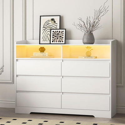GOSROMS Dresser for Bedroom, White Bedroom Dresser with LED Lights, 6 Long Drawers Dresser, Tall Wide Chest of Drawers Storage Organizer for Bedroom, Living Room, Entryway