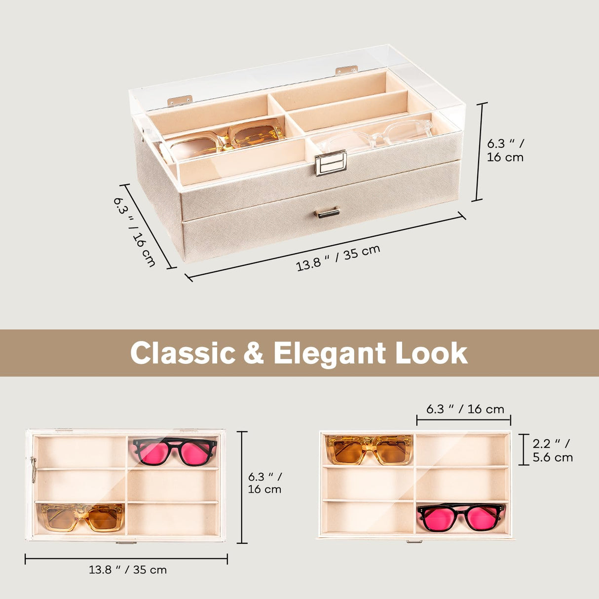 ProCase 12 Slots Acrylic Clear Top Sunglass Organizer, 2 Layers Eyeglasses Case Multi Pairs Storage Eyewear Display Holder with Transparent Lid and Drawer -Champagne ProCase