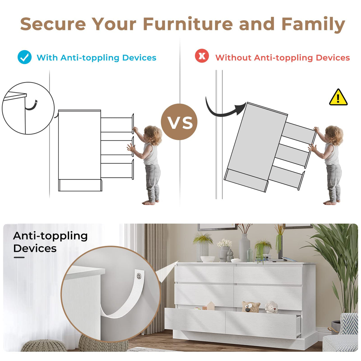 EPHEX 6 Drawer Dresser, Black Chest of Drawers, Storage Tower Clothes Organizer Closet, Double Dresser for Bedroom, Living Room, Entryway, 51.6''H x 15.7''W x 29.3''H White EPHEX