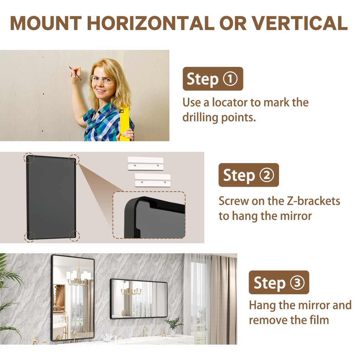pertetey New Upgrade 55X30 Inch Wall Mounted Bathroom Mirror, Black Metal Frame Rounded Rectangle Mirror, Bathroom Vanity Mirror with Tempered Glass for Washroom Bedroom Living Room pertetey
