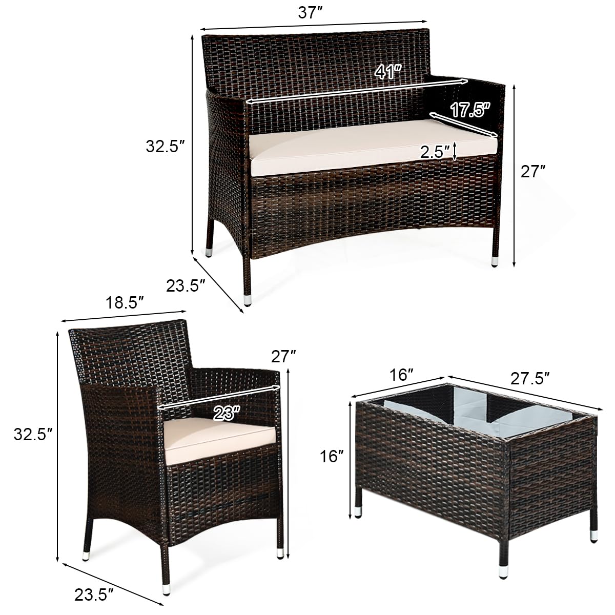 Tangkula 8 PCS Patio Rattan Conversation Set, Outdoor Wicker Furniture Set with Tempered Glass Coffee Table &Thick Cushion, Rattan Chair Wicker Set for Garden, Lawn, Poolside and Backyard (2, Brown) Tangkula