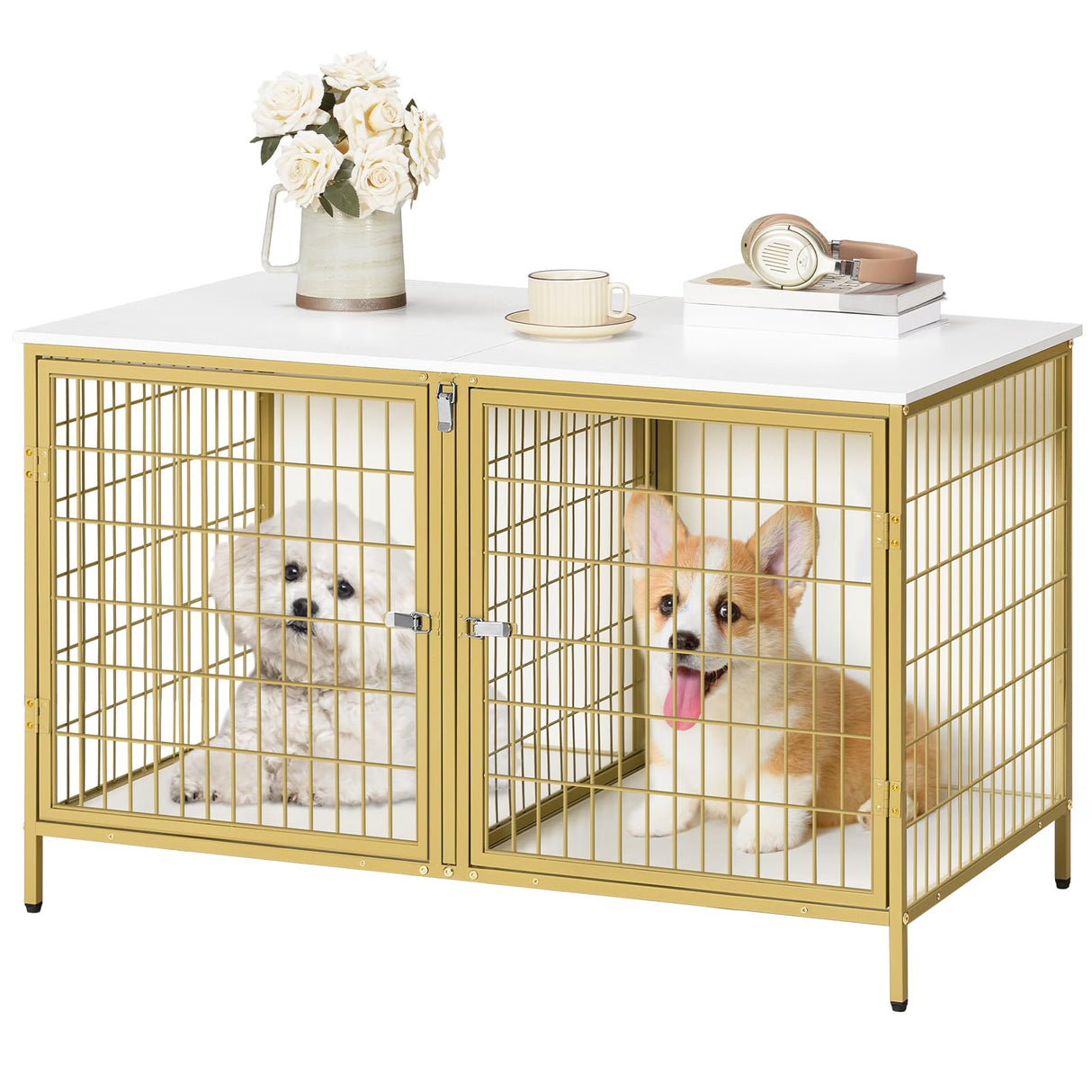 MAHANCRIS Dog Crate Furniture for 2 Dogs, 43.3" Dog Kennel with Removable Divider, Heavy Duty Wooden Dog Kennel for Small Medium Dog, Indoor Dog Cage End Table with Double Doors, White DCJW1201 MAHANCRIS