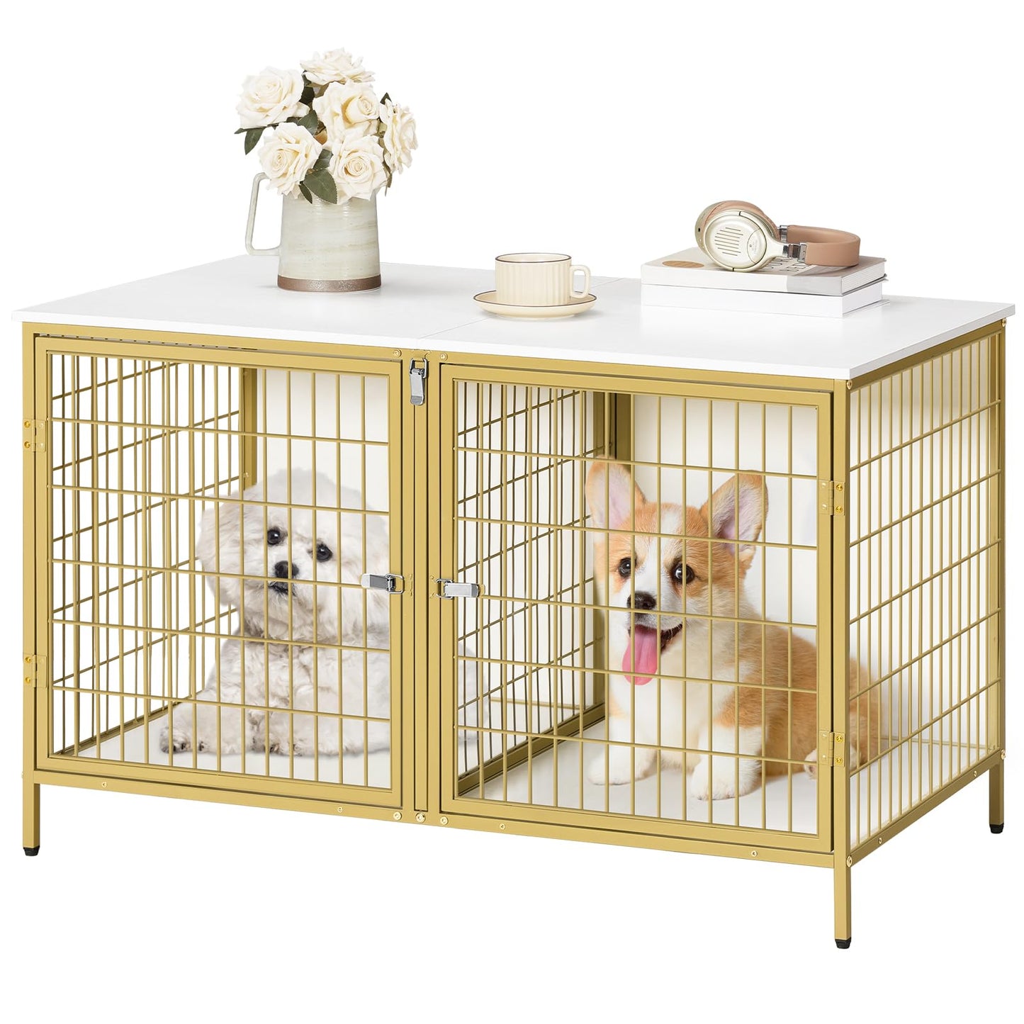 MAHANCRIS Dog Crate Furniture for 2 Dogs, 43.3" Dog Kennel with Removable Divider, Heavy Duty Wooden Dog Kennel for Small Medium Dog, Indoor Dog Cage End Table with Double Doors, White DCJW12 - WoodArtSupply