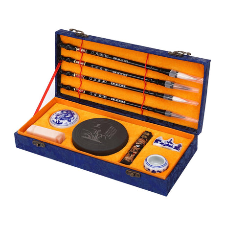 MEGREZ Chinese Calligraphy Set for Beginners, Comes with Calligraphy & Sumi Brushes,Calligraphy Ink Stick and Ink Stone for Writing and Drawing, Blue Gift Box(10 Items) MEGREZ