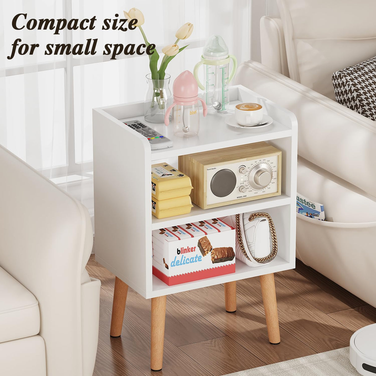 LUCKNOCK Night Stand, Modern Bedside Tables, Mid Century Nightstands with Open Storage Shelf, Wood Bedside Table, Small Night Stands for Bedroom, 3-Tier Night Table, White. LUCKNOCK