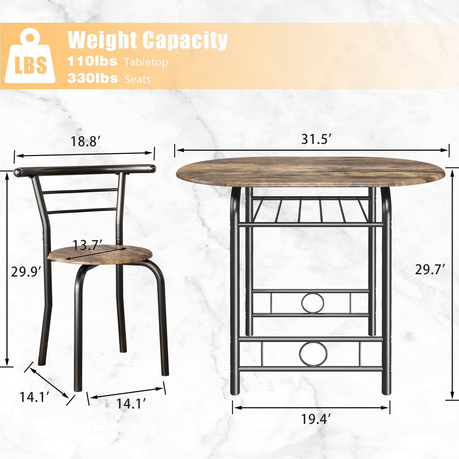 JUMMICO 3-Piece Wooden Round Table & Chair Set, Space Saving Kitchen Breakfast Nook Wood Grain Tabletop with Metal Frame and Built-in Wine Rack for Kitchen, Dining Room (Walnut/Black) - WoodArtSupply