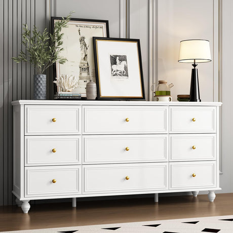 FUNISIR White Dresser 9 Drawer Dresser, Wood Bedroom Dresser, Chest of Drawers for Nursery Storage, Drawer Organizer with Easy Pull Handle for Living Room, Closet, Hallway FUNISIR