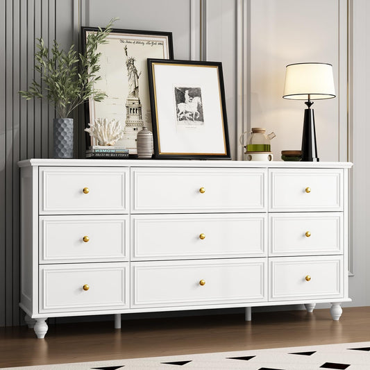 FUNISIR White Dresser 9 Drawer Dresser, Wood Bedroom Dresser, Chest of Drawers for Nursery Storage, Drawer Organizer with Easy Pull Handle for Living Room, Closet, Hallway