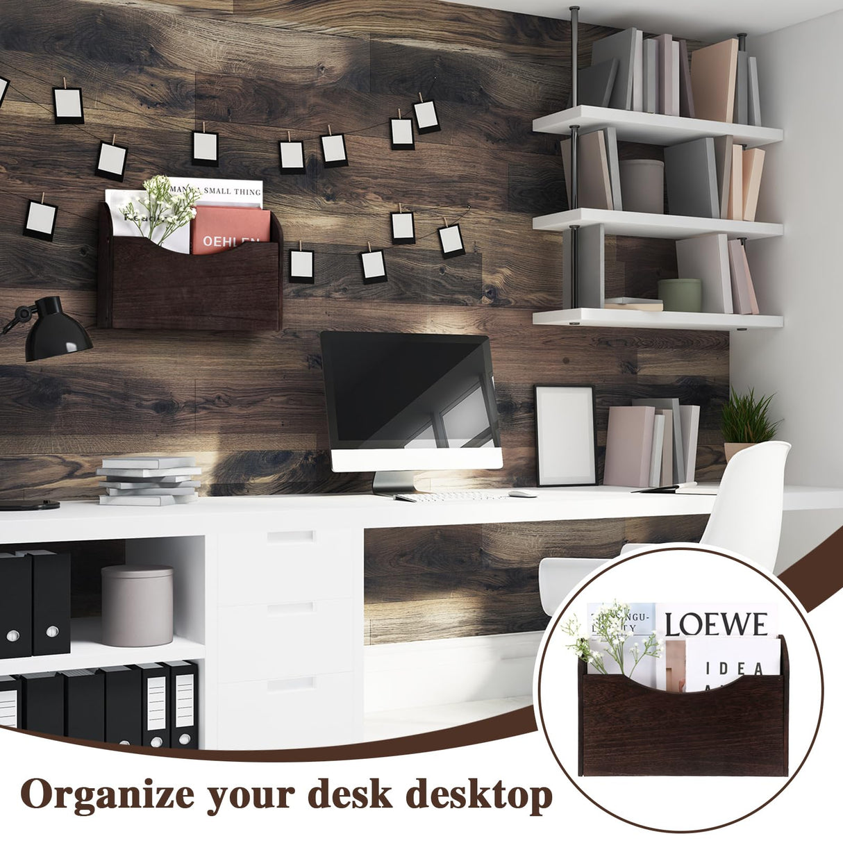 Suzile Wall Mounted File Holder Wood Magazine Holder Wall Hanging File Organizer for Office Mail Magazine Letter Paper Folder Organization(Brown) Suzile