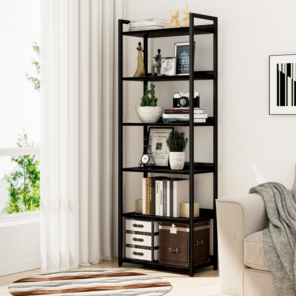 NUMENN Bookshelf, 6 Tier Bookshelves, Home Office Bookcase Shelf Storage Organizer, Free Standing Storage Shelving Unit for Bedroom, Living Room and Home Office, Black NUMENN