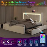 Queen Size Bed Frame with 4 Storage Drawers and LED Lights, Upholstered Platform Bed with Adjustable Headboard and Charging Station, Metal Slats Support, No Box Spring Needed,Easy Assembly, White E-Motie