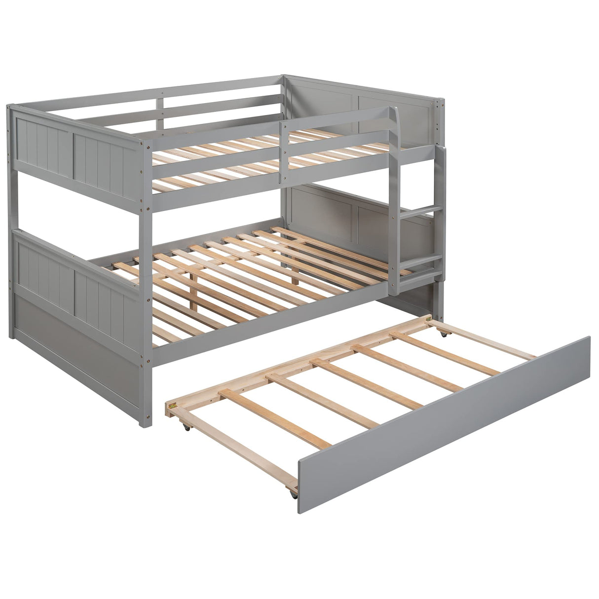Harper & Bright Designs Full Over Full Bunk Bed with Trundle, Solid Wood Bunk Beds with Safety Guard Rail and Ladder, Can be Separated to 2 Full Size Beds, for Kids, Teens and Adults (Gray) Harper & Bright Designs