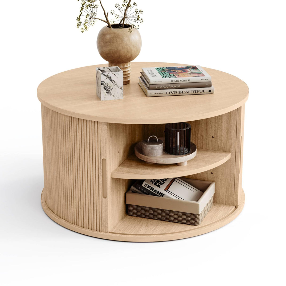 LINSY HOME Round Coffee Table, 31.5" Drum Coffee Table with Sliding Tambour Door, Fluted Accent Center Table with Storage, Mid Century Modern Coffee Table for Living Room, Oak LINSY HOME