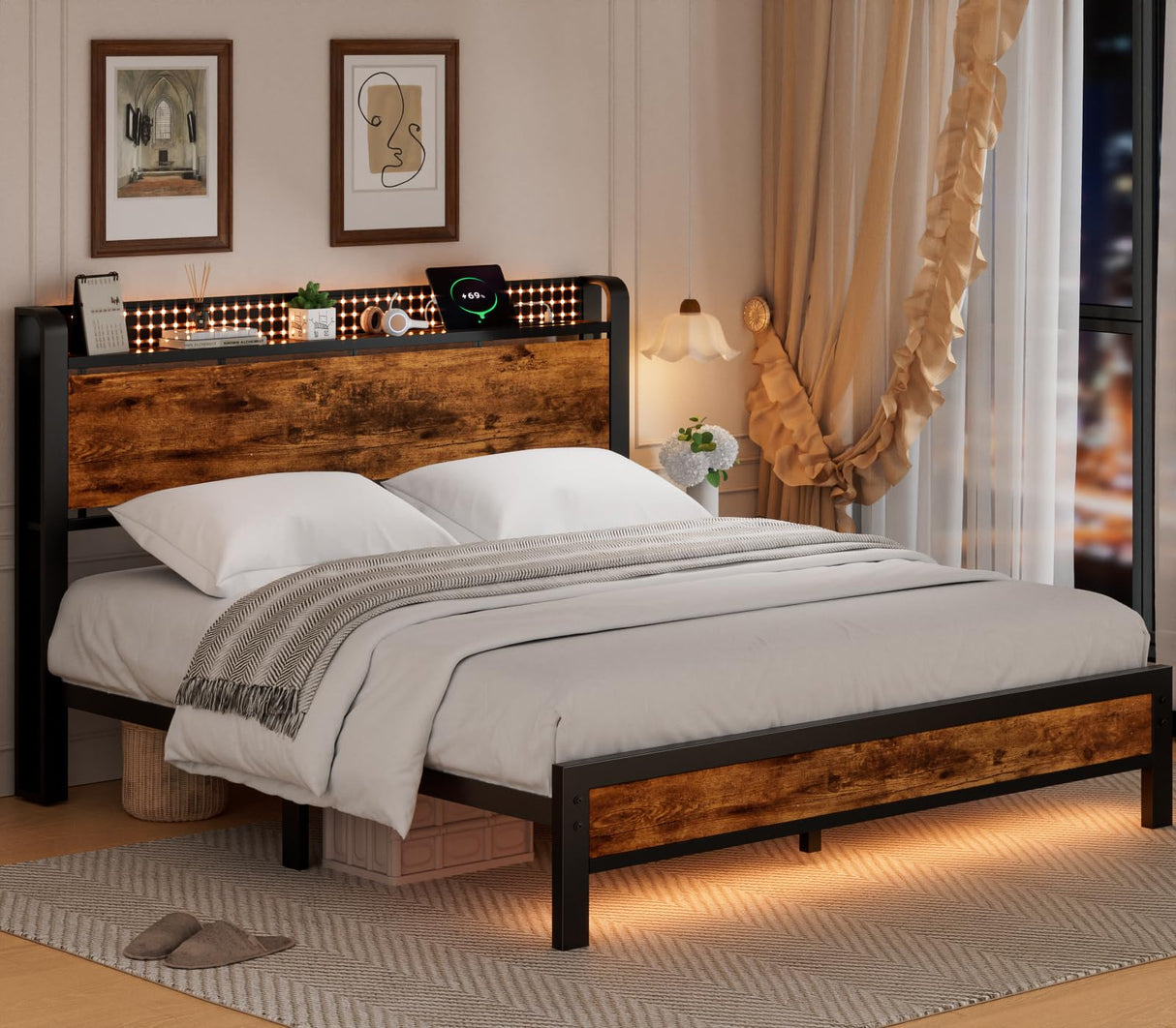 Furnulem Rustic Queen Platform Bed Frame with RGB LED Lights & Integrated Storage Headboard Furnulem