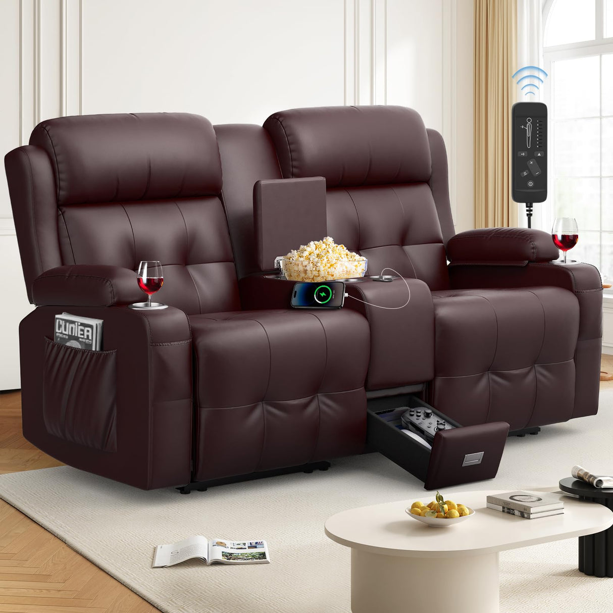 TOMOSLTER Loveseat Recliner Sofa, Home Theater Seating Massage Reclining Couch with USB, Center Console, Wall Hugger RV Recliners, 145° Adjustable Recline & Cup Holders, for RV & Movie Room TOMOSLTER